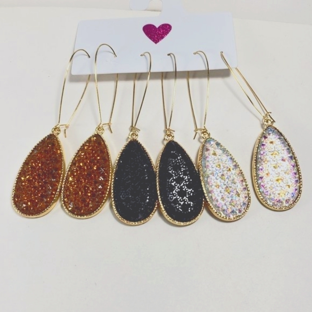 Women's Set of 3 Polished Gold tone Long Kidney Wire Multi color Earrings